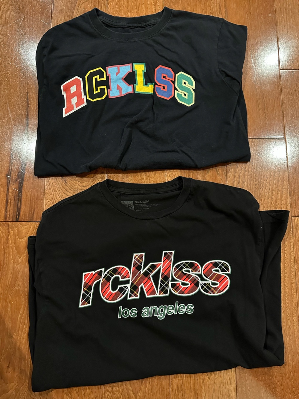 Two Young & Reckless Short Sleeve T-Shirts RCKLSS Block Letters and Plaid
